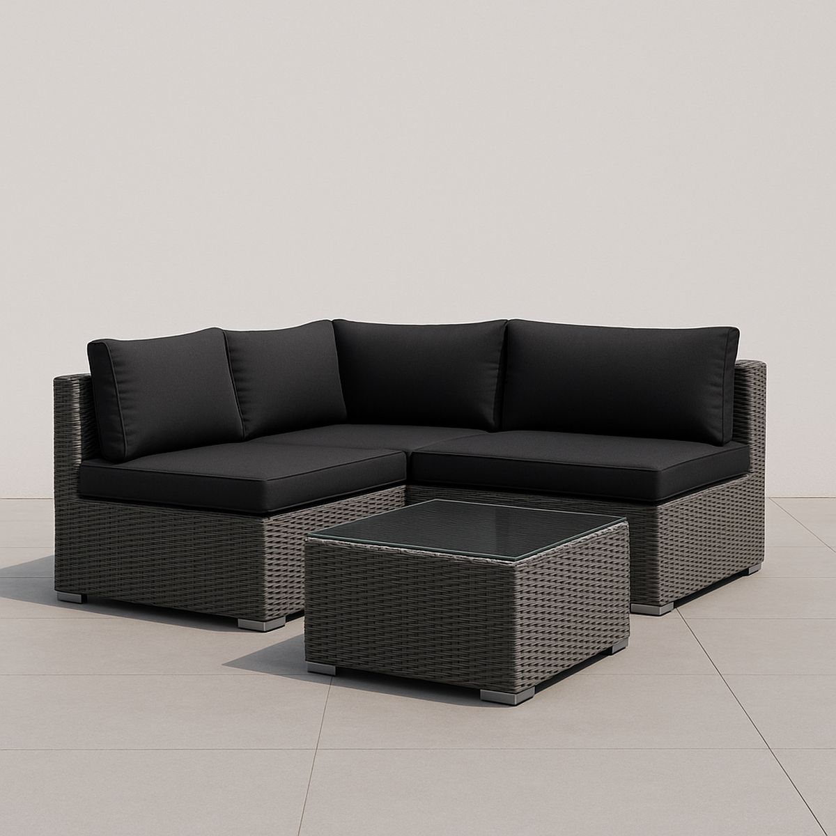 Modulares Gartensofa-Set aus Polyethylengeflecht mit Glasplattentisch
