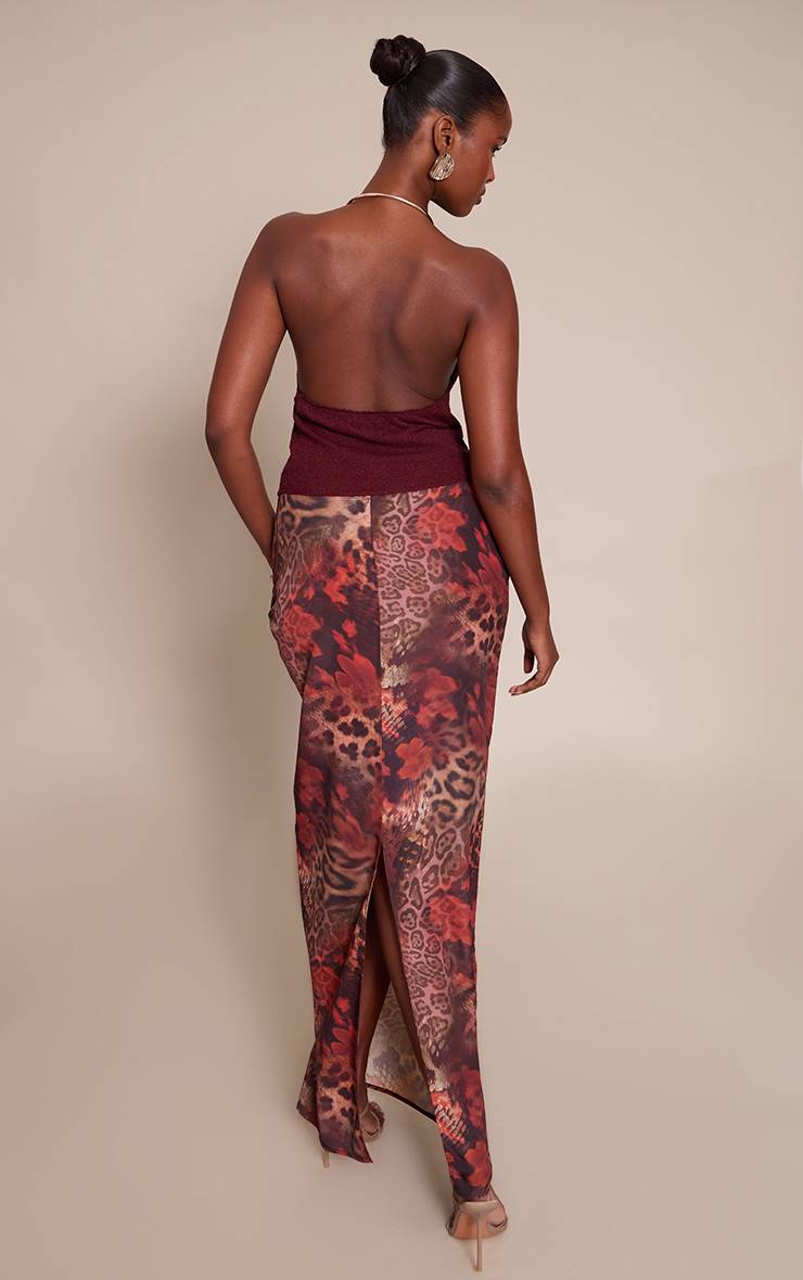 Marron Jupe Longue En Mousseline Imprimé Animal Abstrait Marron