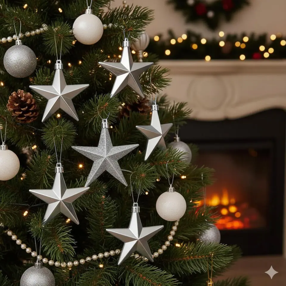 Christmas goods Kersthangers - 6x - sterren - zilver - 10 cm