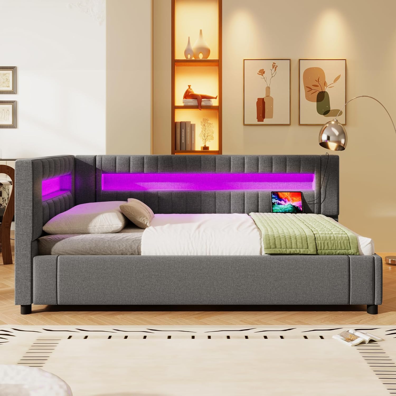 Polsterbett Einzelbett 90x200, Schlafsofa mit Hydraulischem Stauraum&LED-Licht&USB Ladefunktion, Stauraumbett Jugendbett Funktionsbett Gästebett Bettgestell mit Lattenrost, Linen, Ohne Matratze, Grau