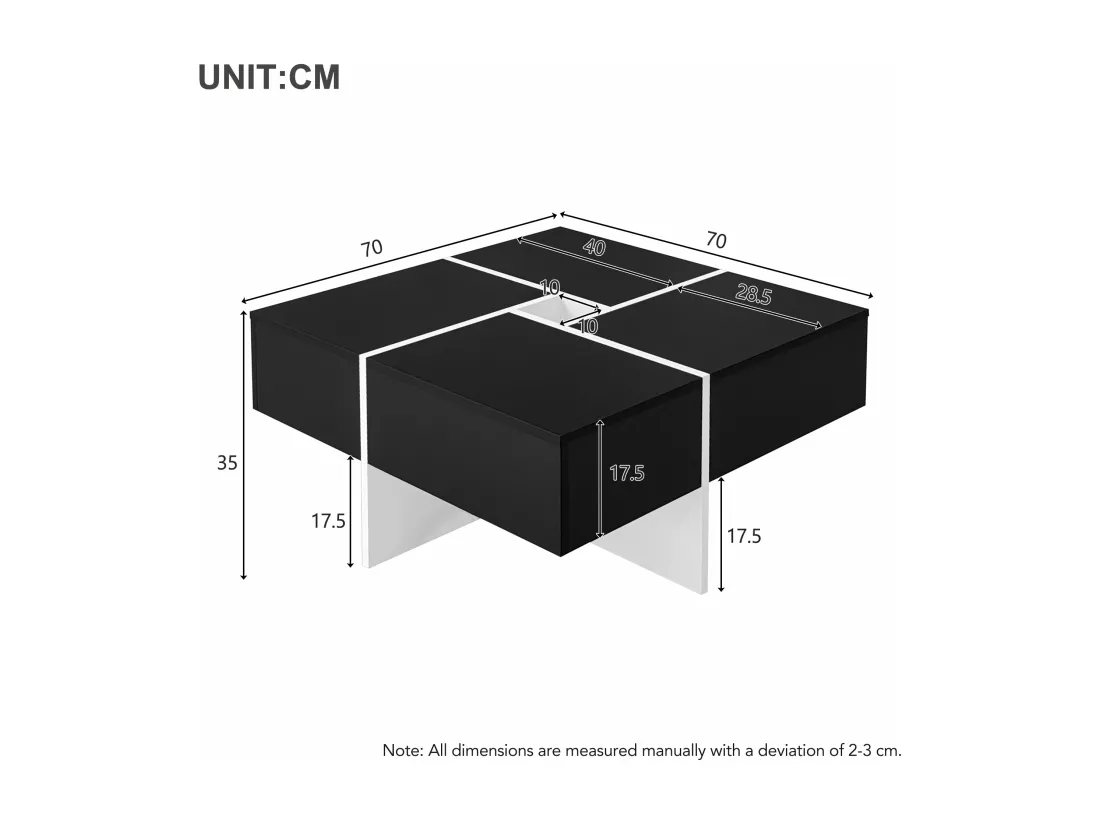 Table basse carrée avec rangement central, noire,d70cm×h35cm