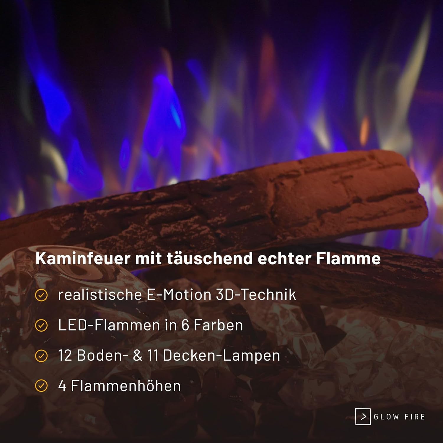 GLOW FIRE Elektrokamin LED E-Motion 3D 33 (Elektrokamineinsatz) - elektrischer Kamin mit Heizung, Multicolor-LEDs & Fernbedienung - Kamineinsatz zum Einbau, 1.500 W, 83,5 x 56,1 x 31,7 cm, Schwarz