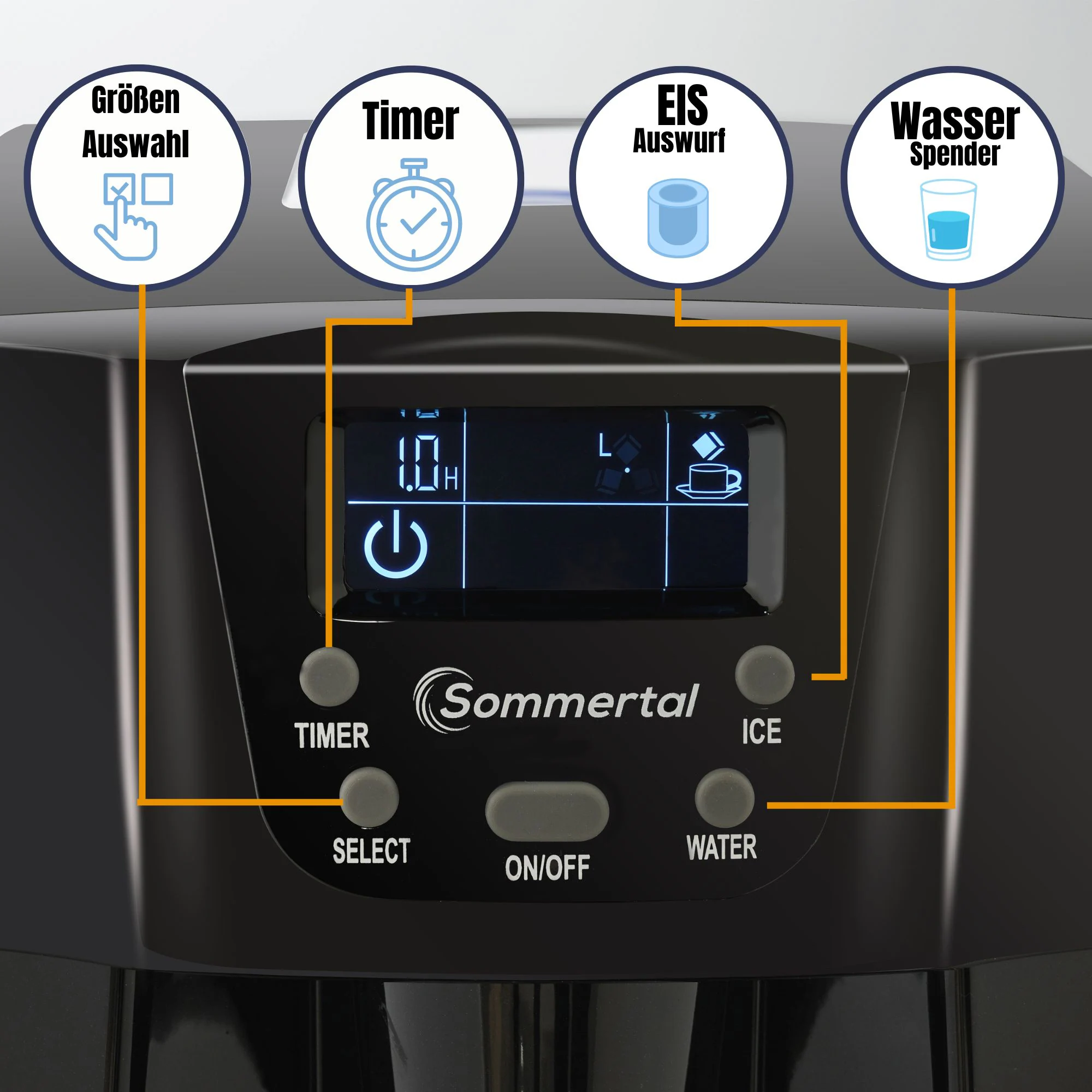 Sommertal Eiswürfelmaschine mit Kaltwasser-Funktion EM12E - Ice Maker mit schneller Eisherstellung ab 6 Minuten, 12kg pro Tag, 2 Würfelgrößen, Timer, autom. Abschaltung ?? Eiswürfelbereiter klein