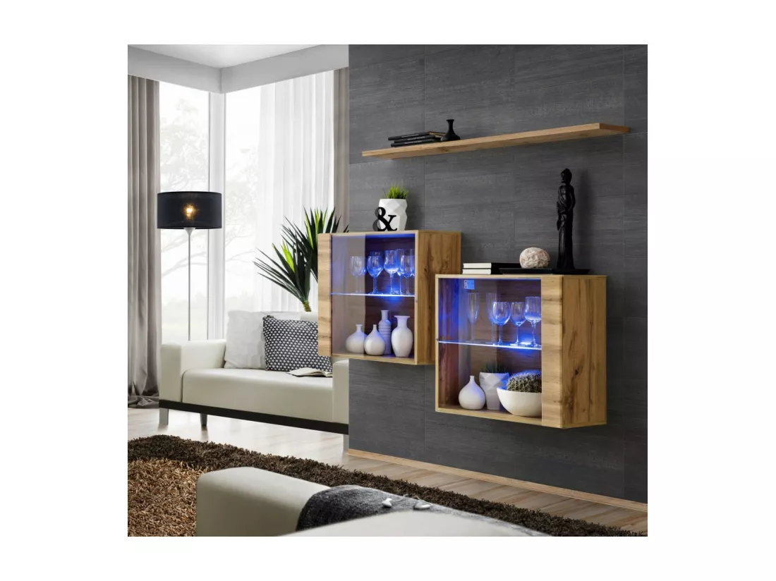 Ensemble meubles de salon SWITCH SBIII design, coloris chêne Wotan et porte vitrée avec système LED intégré.