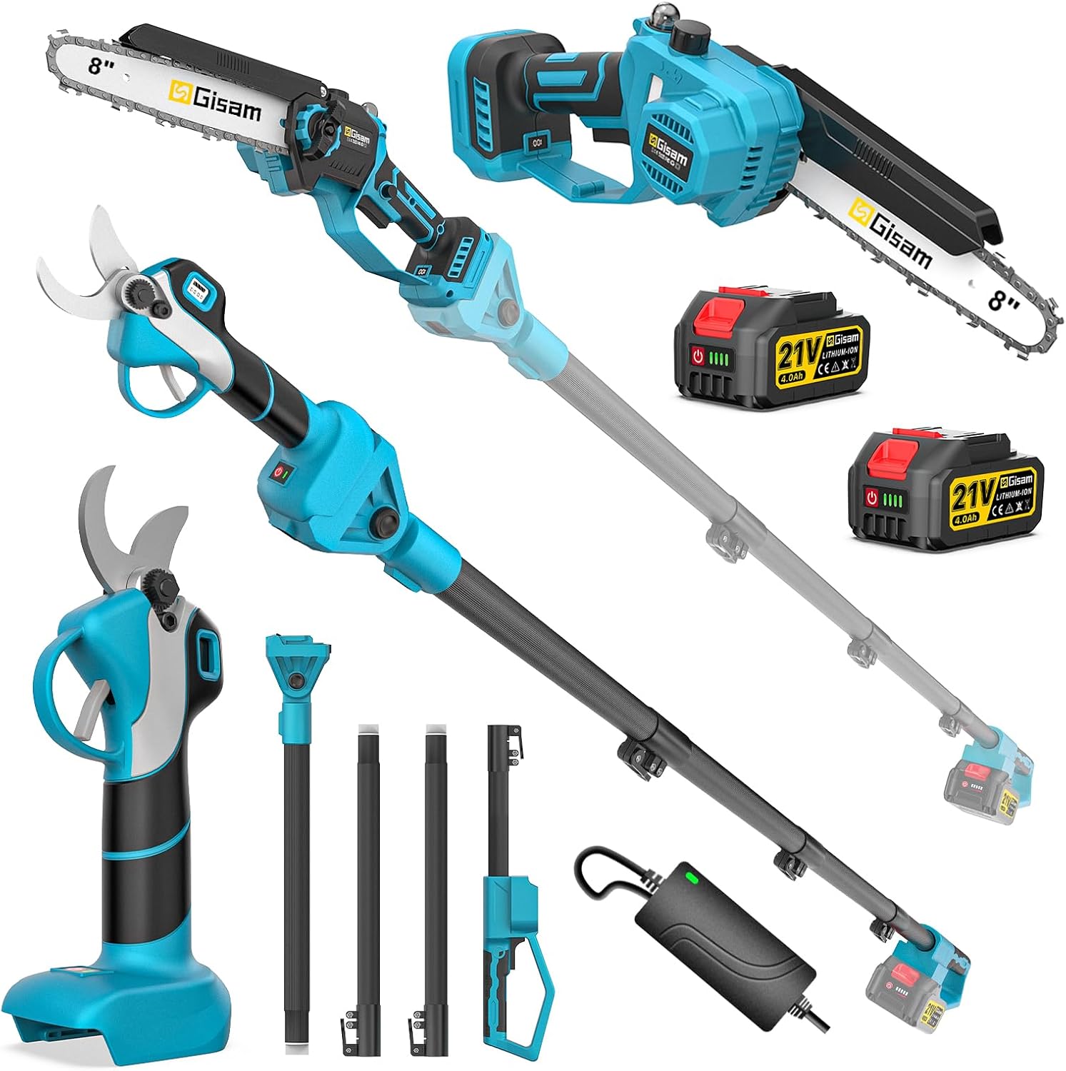 8 Zoll Mini Kettensäge & Akku Elektro Gartenschere 4-in-1 Gartenwerkzeug Set,Mit 2×4.0ah Akku,VerläNgerungsstange Bis 4.2m,BüRstenloser Motor,Elektro Hochentaster AstsäGe FüR Baumzweige, Holzschneiden