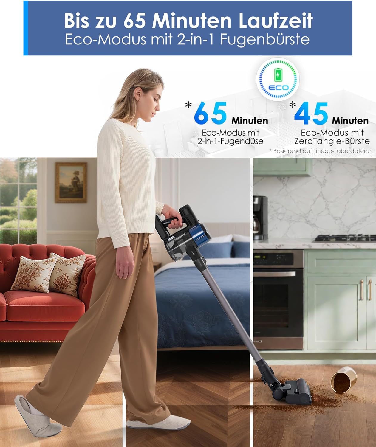 Tineco Pure ONE S30 Akku Staubsauger, 150AW Saugleistung, bis zu 65 Min. Laufzeit, ZeroTangle-Bürste, LED-Licht, Kabelloser Handstaubsauger für Hartböden