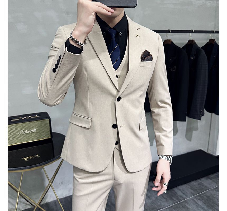 Deepwood - Set: effen enkelrijs blazer + vest + rechte pantalon