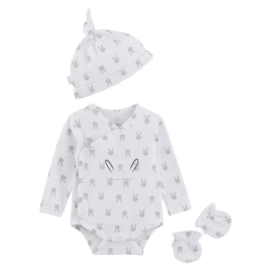 Body + bonnet + moufles Lapin Câlin   Blanc/Gris        de               P'tit bisou