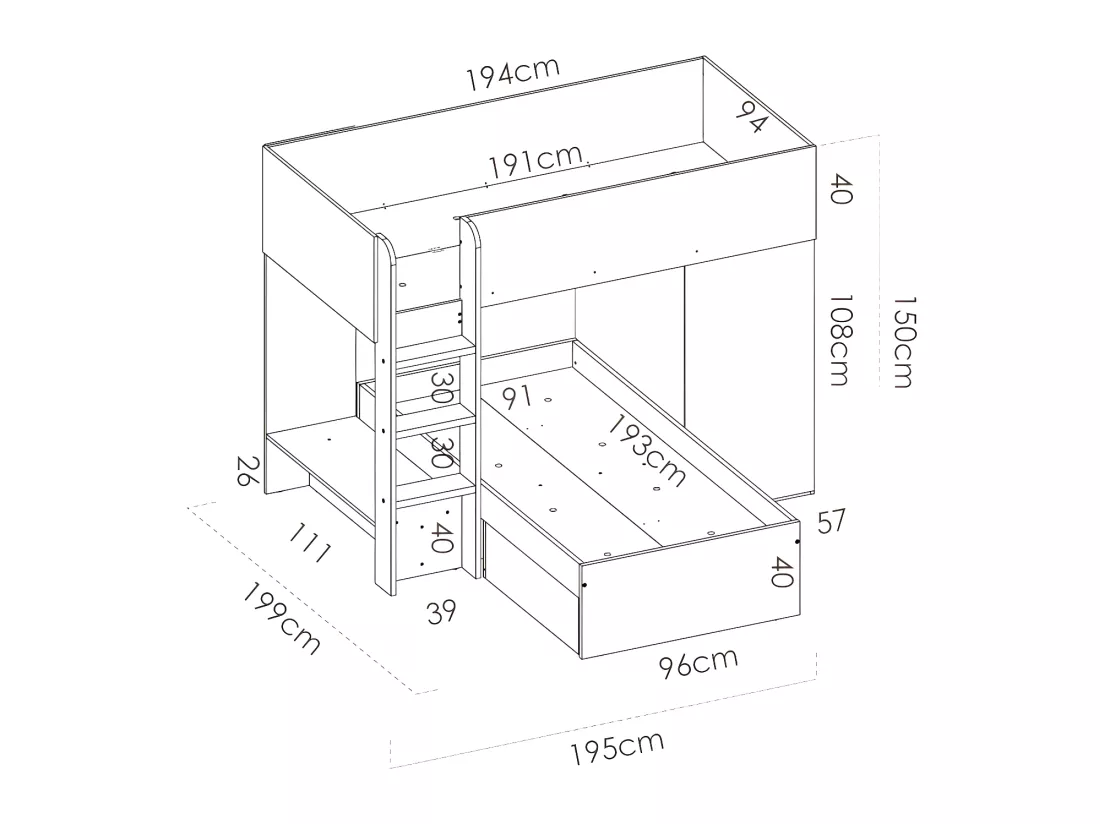 Lits superposés d'angle réversibles RICARDO - 2 x 90 x 190 cm - Rangements intégrés - Chêne et blanc