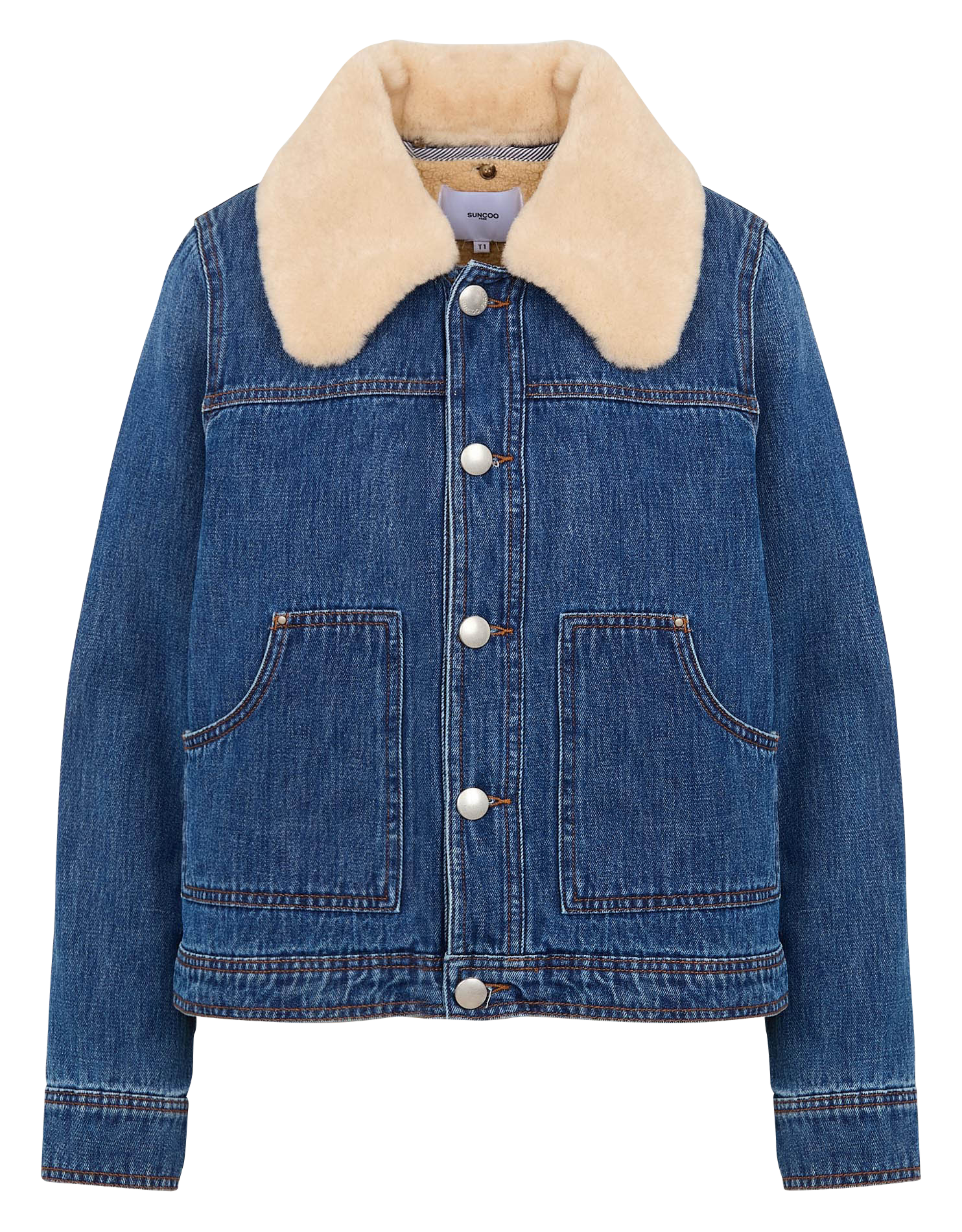 ELEONOR - Veste denim col un fourrure amovible en coton | Bleu