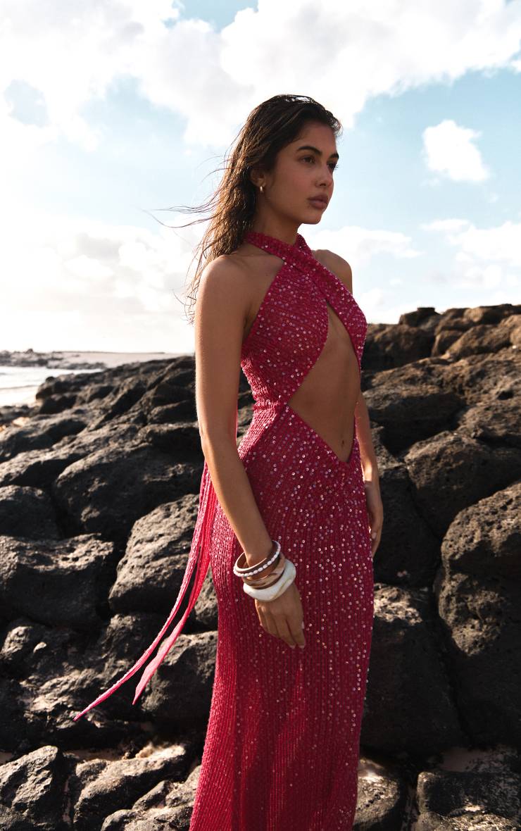 Fuchsia Robe De Plage Tricotée À Sequins Col Licou Avec Découpes