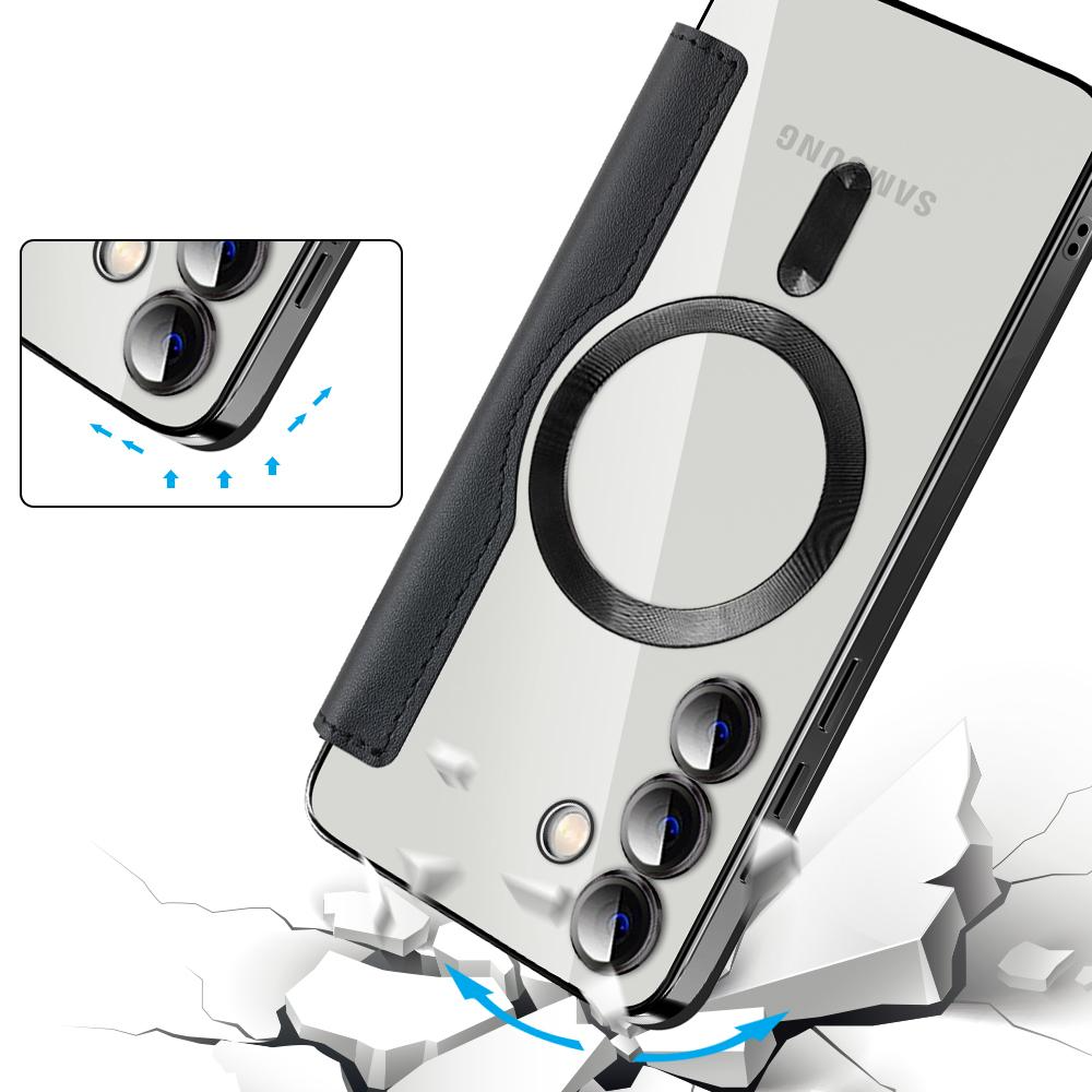 Samsung Galaxy S24  Plus Hybrid Leder Tasche   Kunststoff Rückseite MagSafe-Modul - Schwarz / Transparent