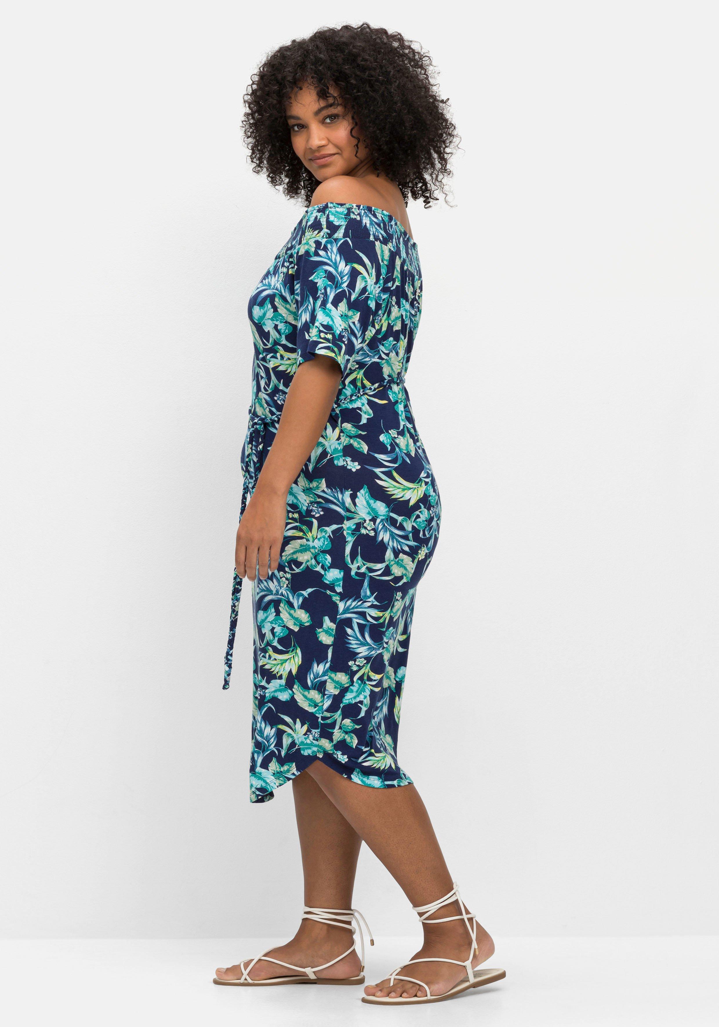 Jerseykleid mit Blätterprint und Carmenausschnitt