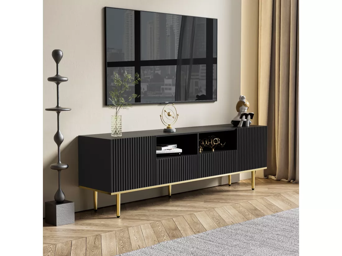 Meuble TV 165x36x55cm, avec 2 portes, 2 tiroirs et 2 compartiments, pieds dorés et bord doré, Noir
