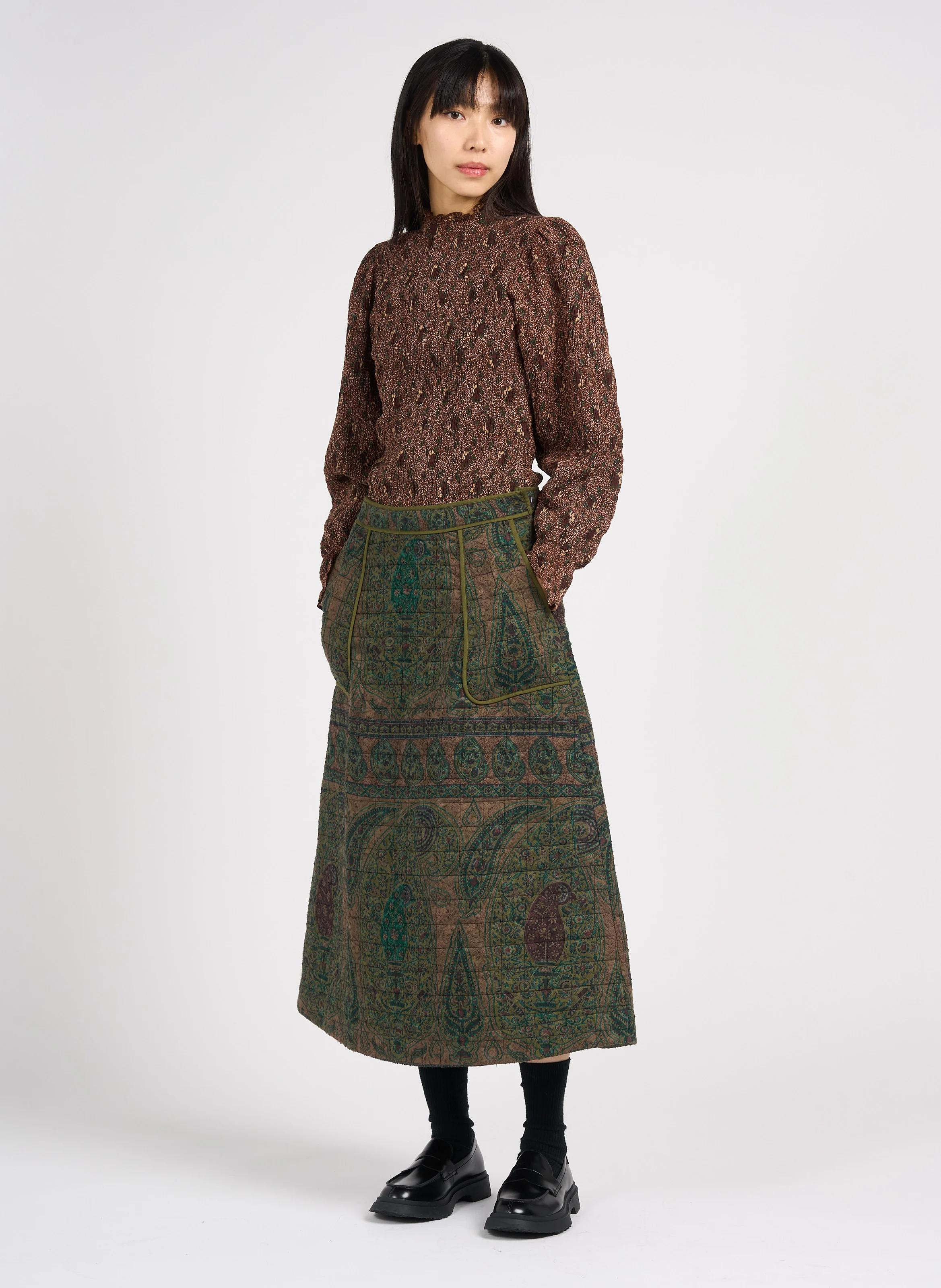 PADDY - Top col rond imprimé à smocks en coton | Marron