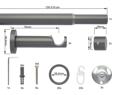 Uitschuifbare gordijnroedeset, Cosy donkergrijs, 120-210 cm, Ø 16/19 mm