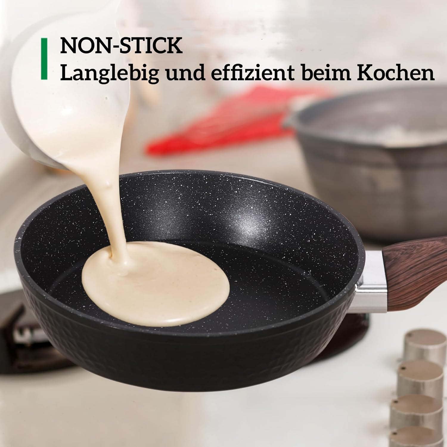 Kitchen Academy Topfset 17-teiliges Induktions-Kochgeschirr-Set mit Glasdeckeln und Granitbeschichtung inkl. Pfannen und Töpfe (Schwarz 17 tlg)