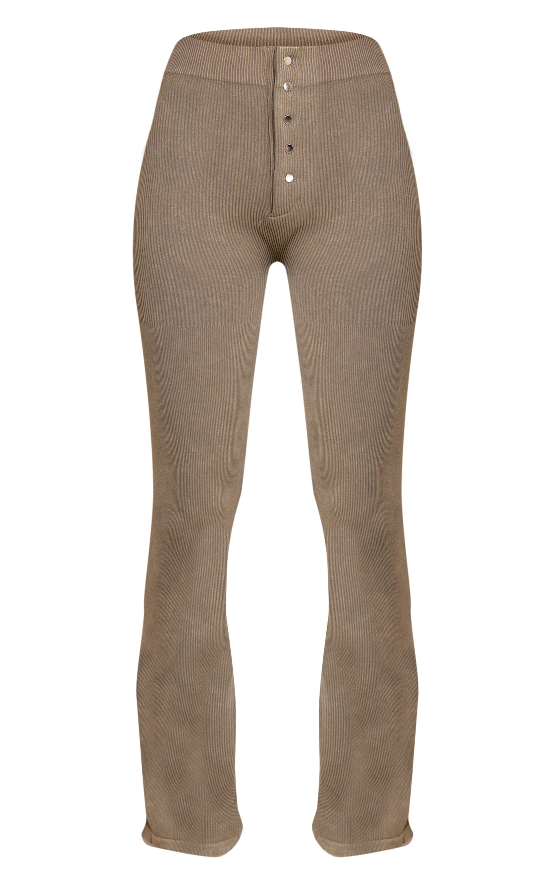 Vert Olive Legging Évasé Côtelé Ajusté À Détails Boutons Petite