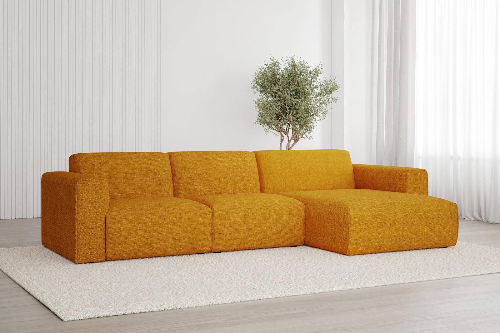 Monaco Lux 2,5-seter med XL sjeselong høyre Tekstil Fjord 9 Amber med sorte ben. Lux komfort.