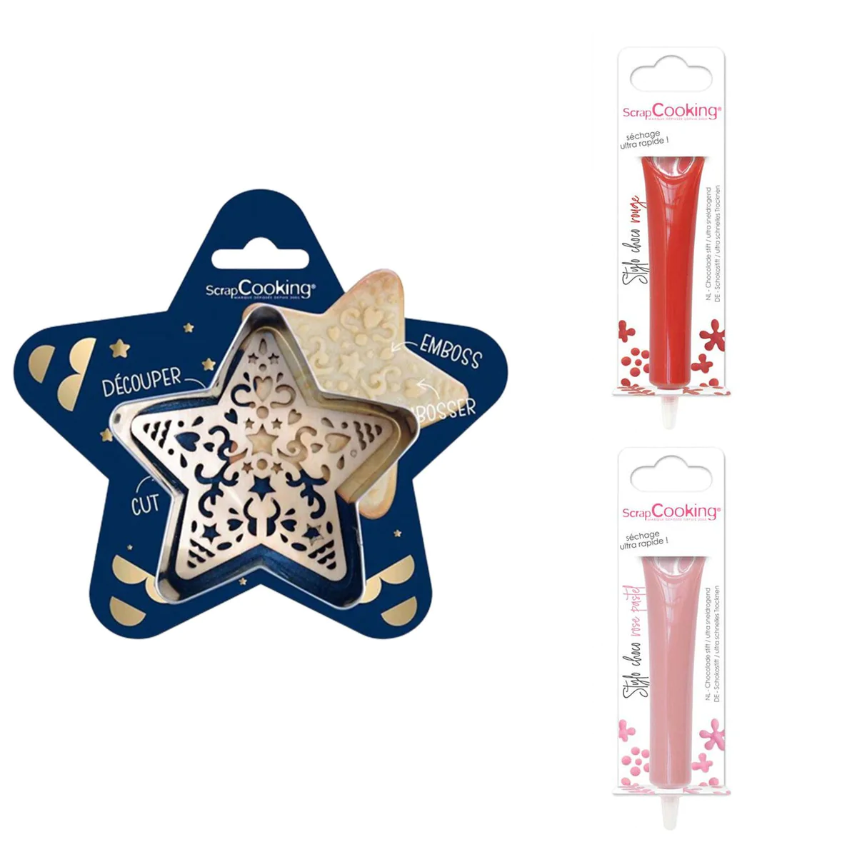 Kit pour biscuit en relief Étoile + 2 Stylos au chocolat rouge et rose