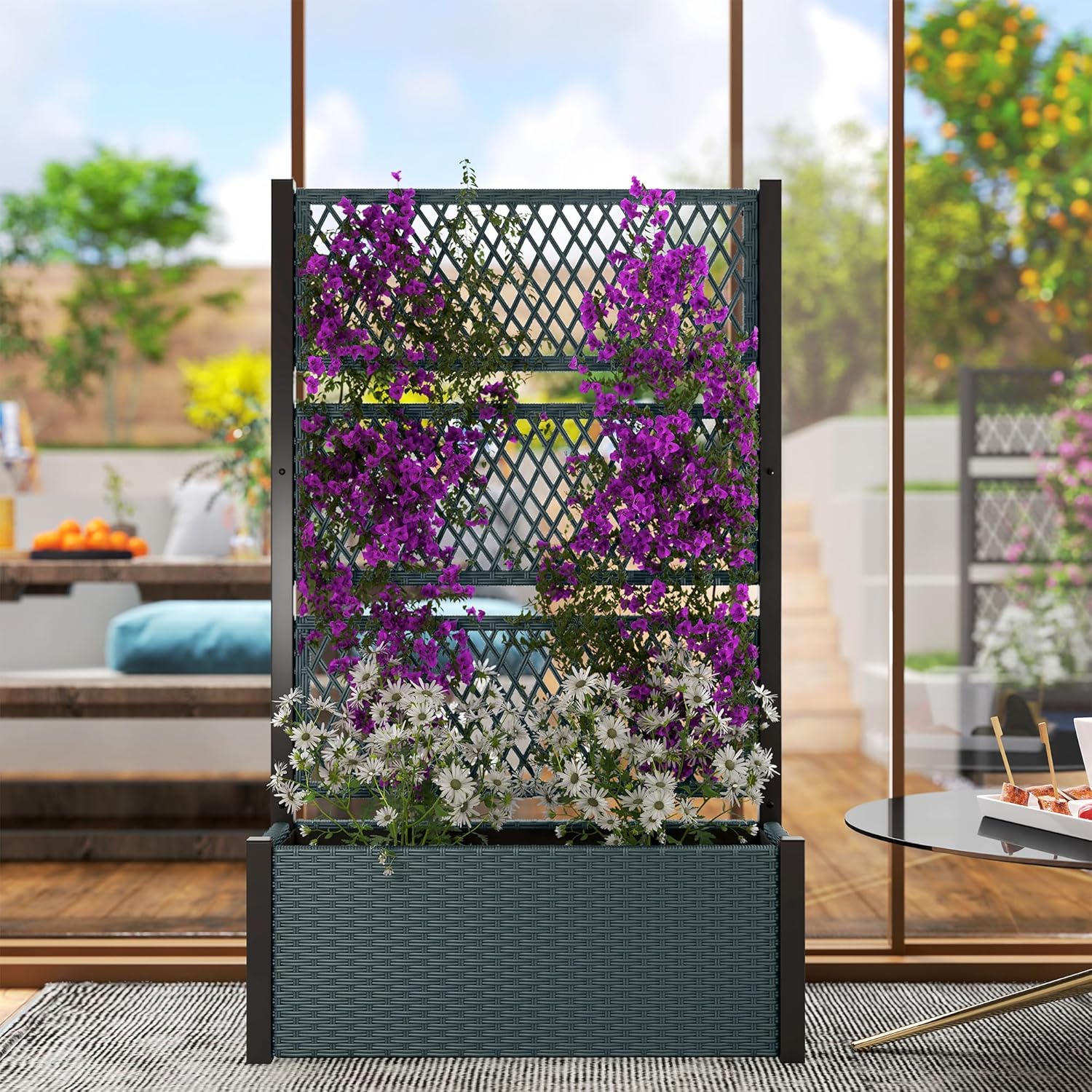 Outsunny Hochbeet mit Rankgitter in Rattan-Optik Pflanzkasten Blumenkasten mit Rankhilfe für Kletterpflanzen Blumenbeet Pflanzkübel Blumenkübel Rankkasten für Garten, Balkon 90 x 35 x 148cm Dunkelgrau