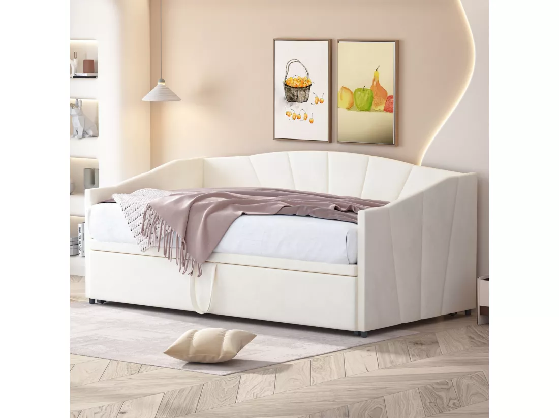 Lit gigogne 90/180x200cm, lit capitonné canapé-lit extensible avec sommiers à lattes, lit multifonctionnel en tissu velours style moderne - beige