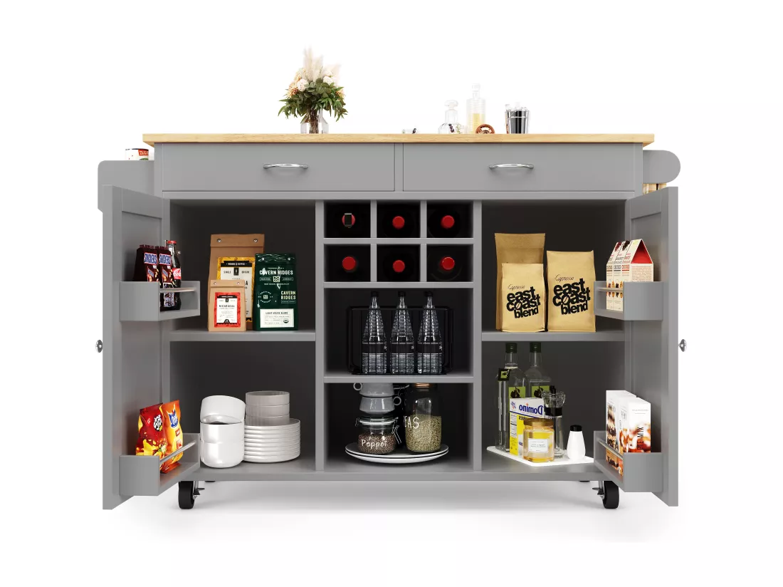 Ilot central de cuisine mobile avec 2 portes et 2 tiroirs - 102x45x92 cm - Bois MDF - Gris et naturel