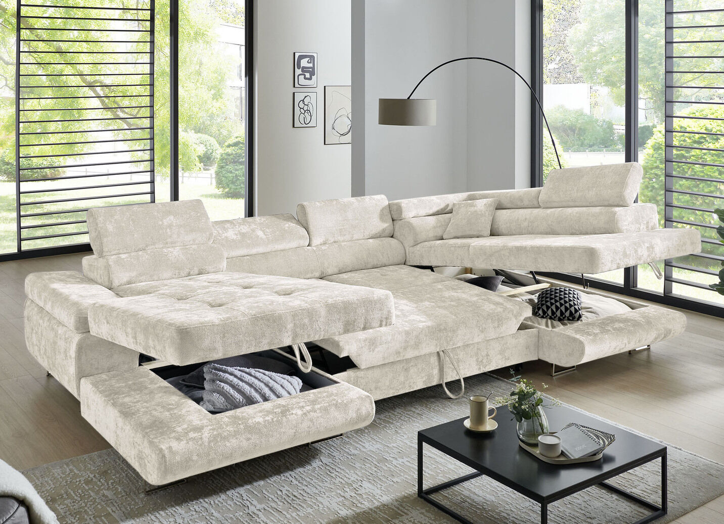 Wohnlandschaft mit Bettfunktion und Bettkasten