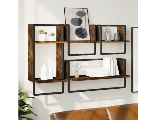 VIDAXL - Etagère murale Ensemble d'étagères murales avec barres 4 pcs chêne fumé