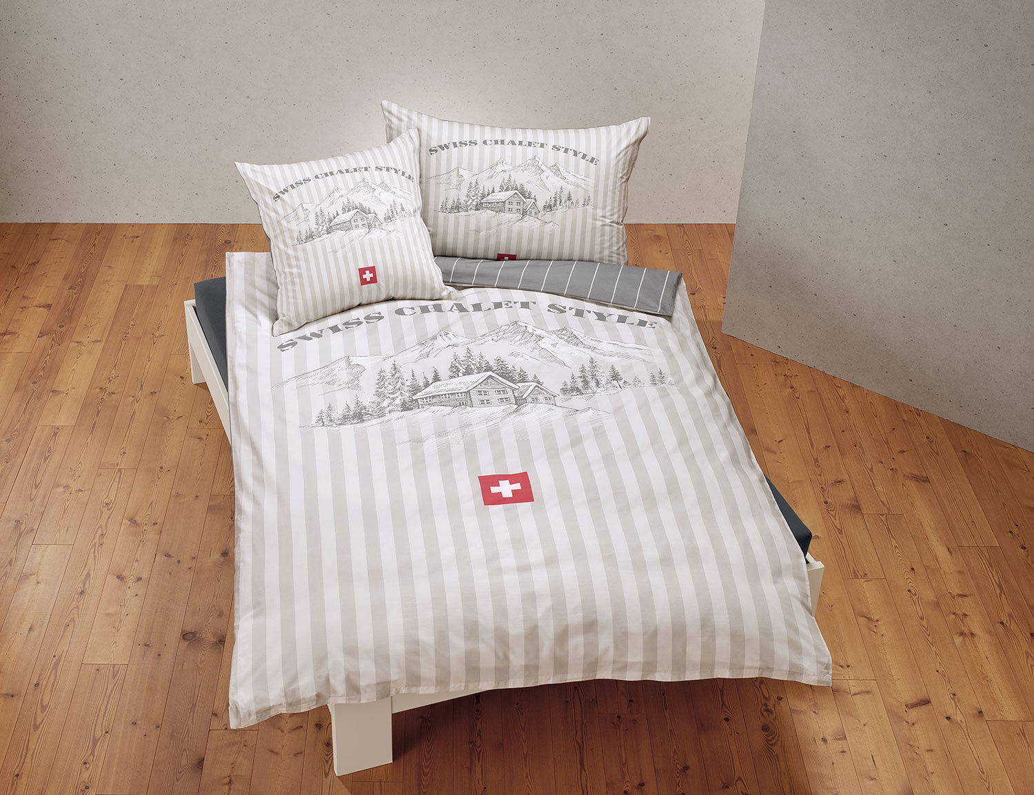 Bettwäsche mit Schweizer Chalet und Bergwelt