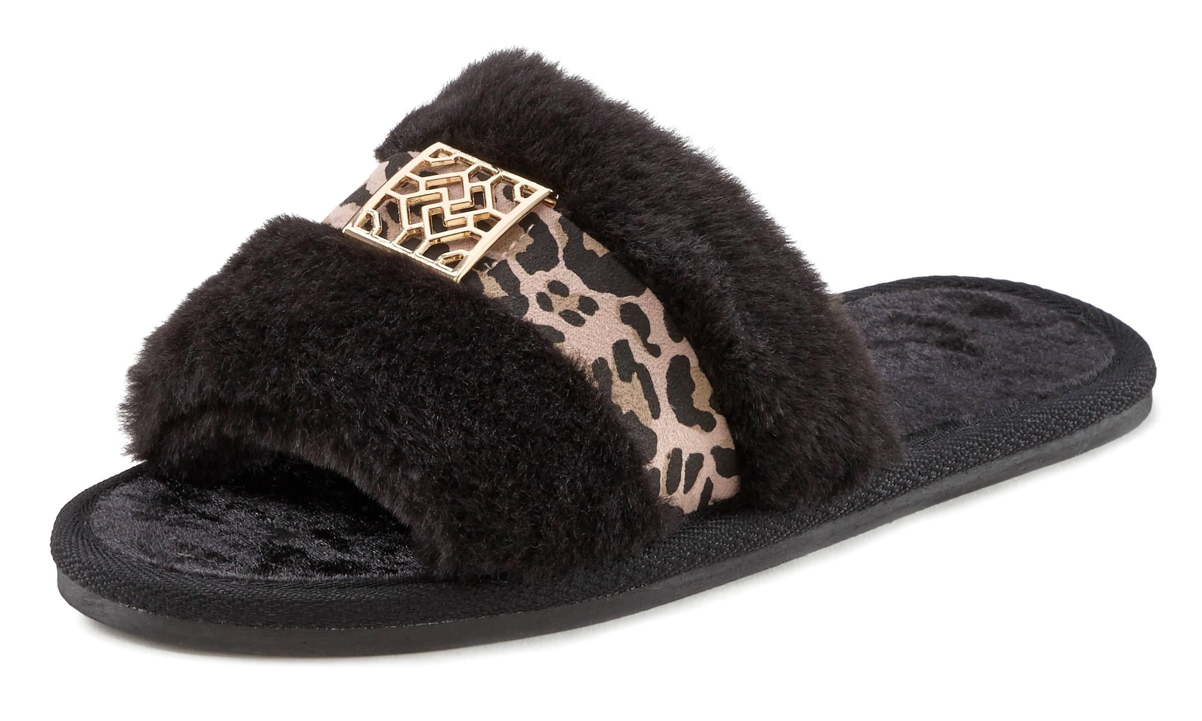 Vivance Hausschuh »Pantolette, Plüschhausschuh,«  mit kuscheligem Fellimitat und Animal-Print VEGAN