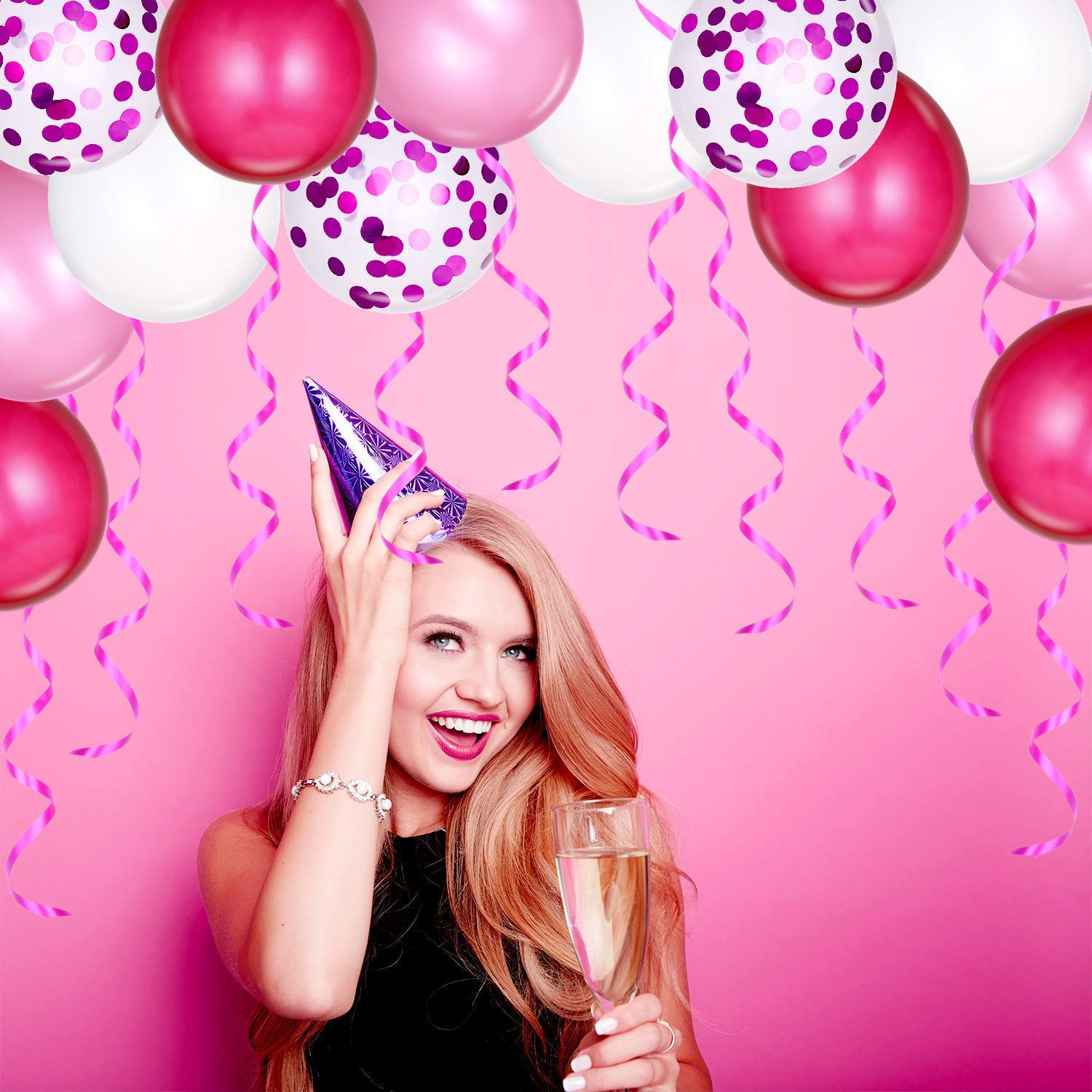 (60er Set) Ø30cm Party Deko Ballons Latex Luftballons mit Konfetti - Pink / Rosa / Weiss