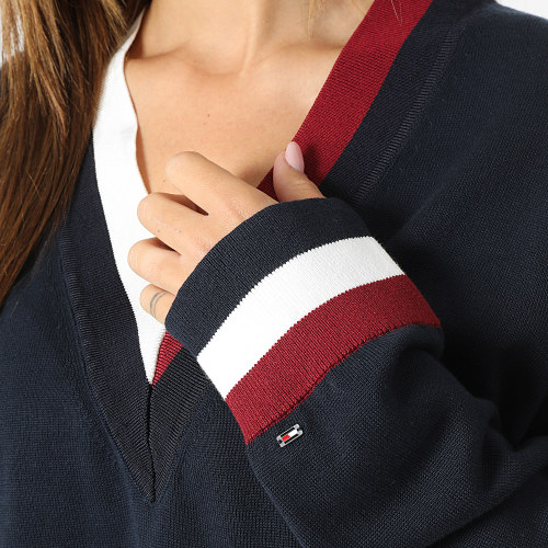 Pull Col V Femme Global Stripe 9006 Bleu Marine