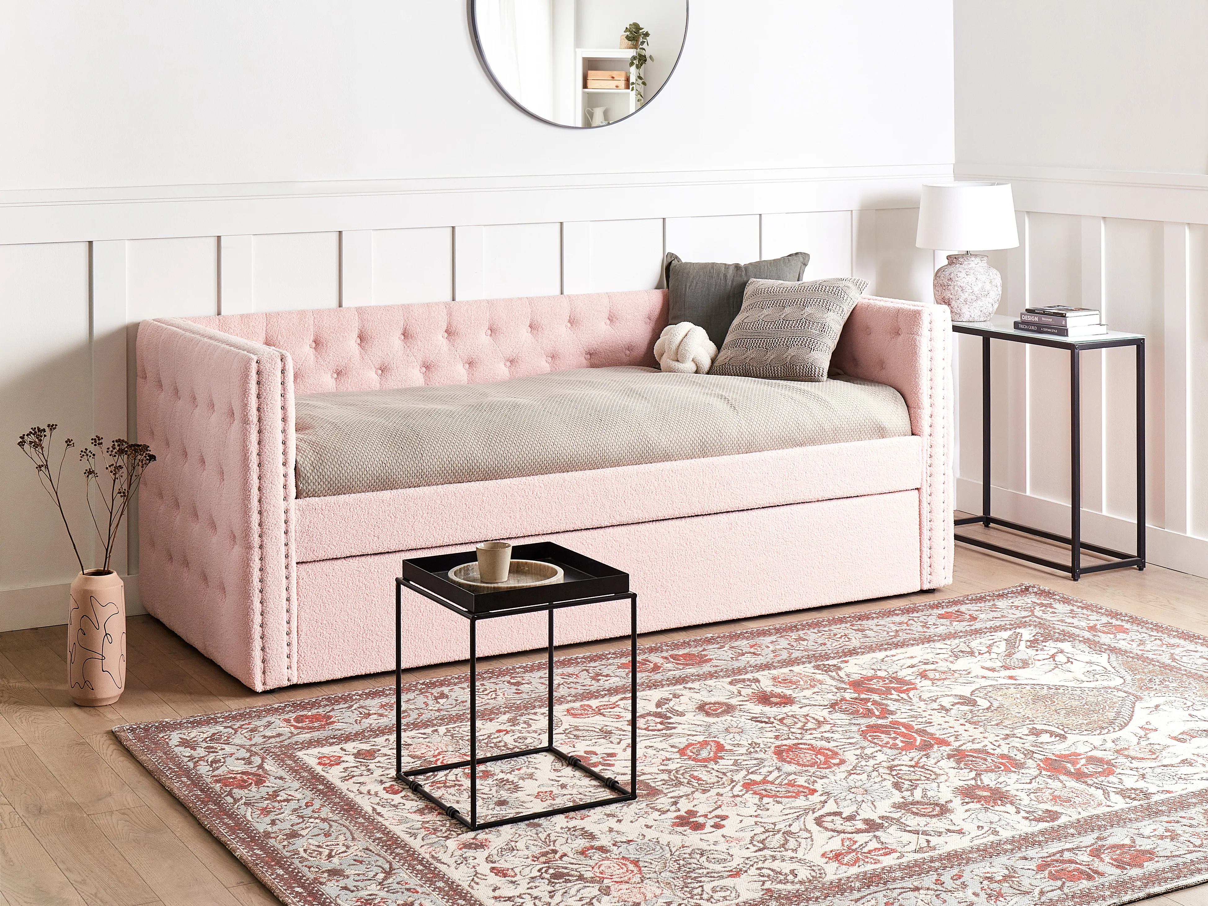 Onderschuifbed Bouclé GASSIN 90 x 200 cm Pastelroze