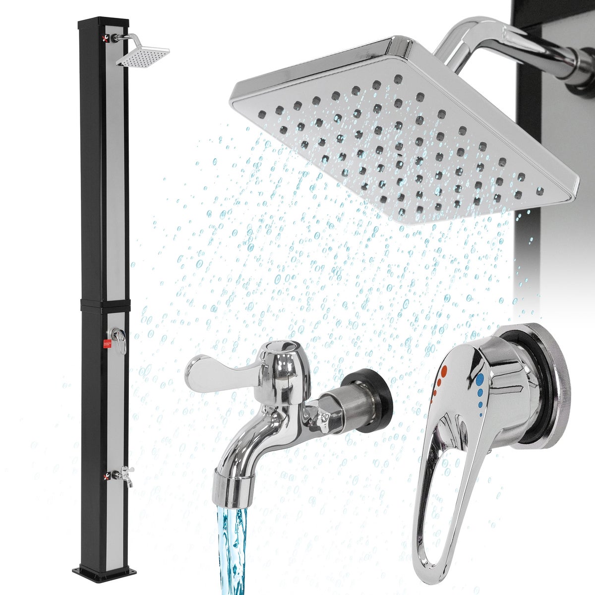 ML-Design Solar Douche 40L 217cm Rechthoekig met Voetdouche en Regendouchekop, Zilver-Zwart, Warm Water, 60°C, Geen Stroomaansluiting Nodig, met Tuinslangaansluiting, Solar Tuindouche, Buitendouche, Zwembaddouche