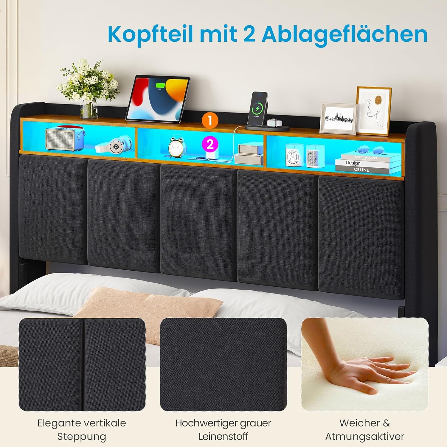 Polsterbett 140x200 cm Schwebebett mit LED-Beleuchtung, Kopfteil und Ladestation(2 AC-Steckdosen, 2 USB-Anschlüsse), Bett 140x200 mit Stauraum, Modern Doppelbett mit lattenrost, Leinen, Grau
