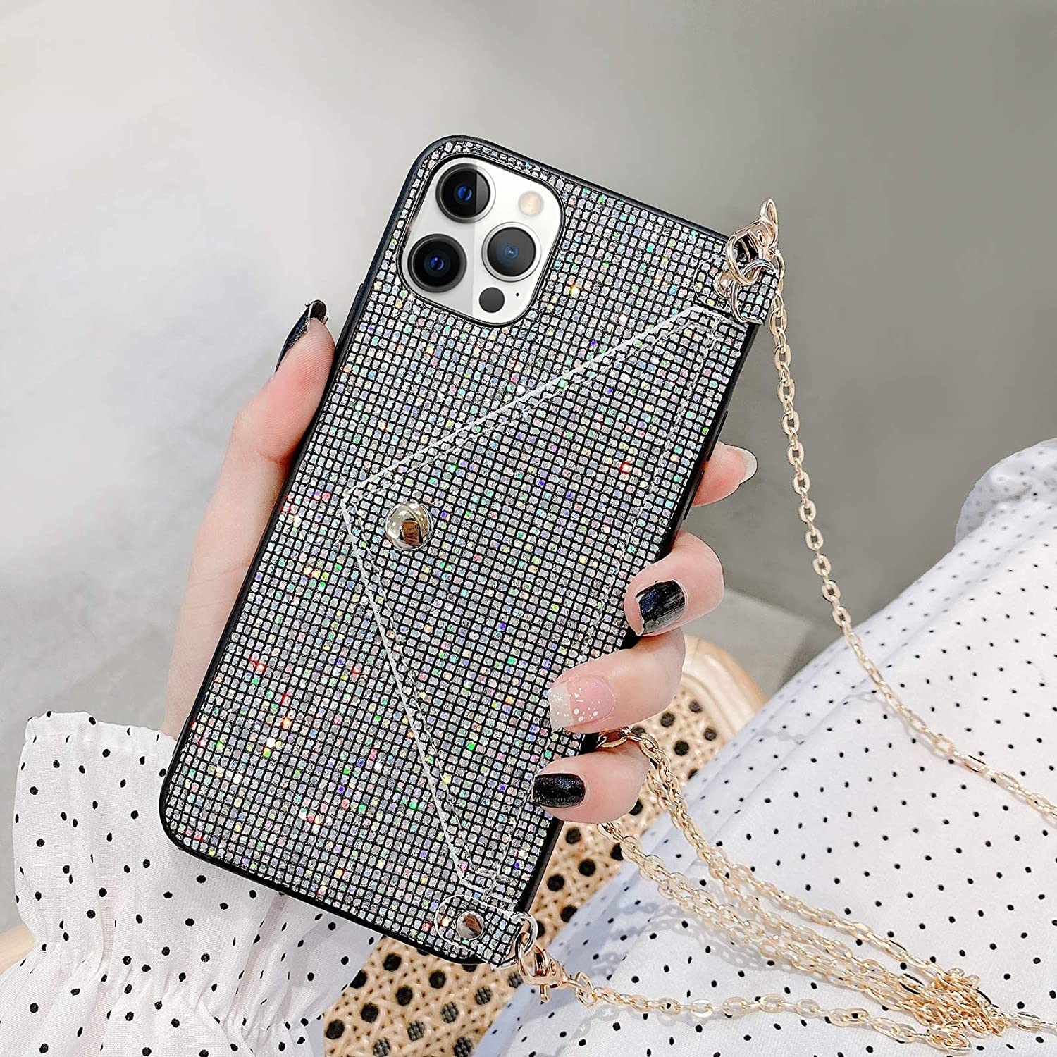 iPhone 13 Pro Necklace Schutz Hülle mit Kartenfach   Handykette (115cm) - Schwarz (Glitzer)
