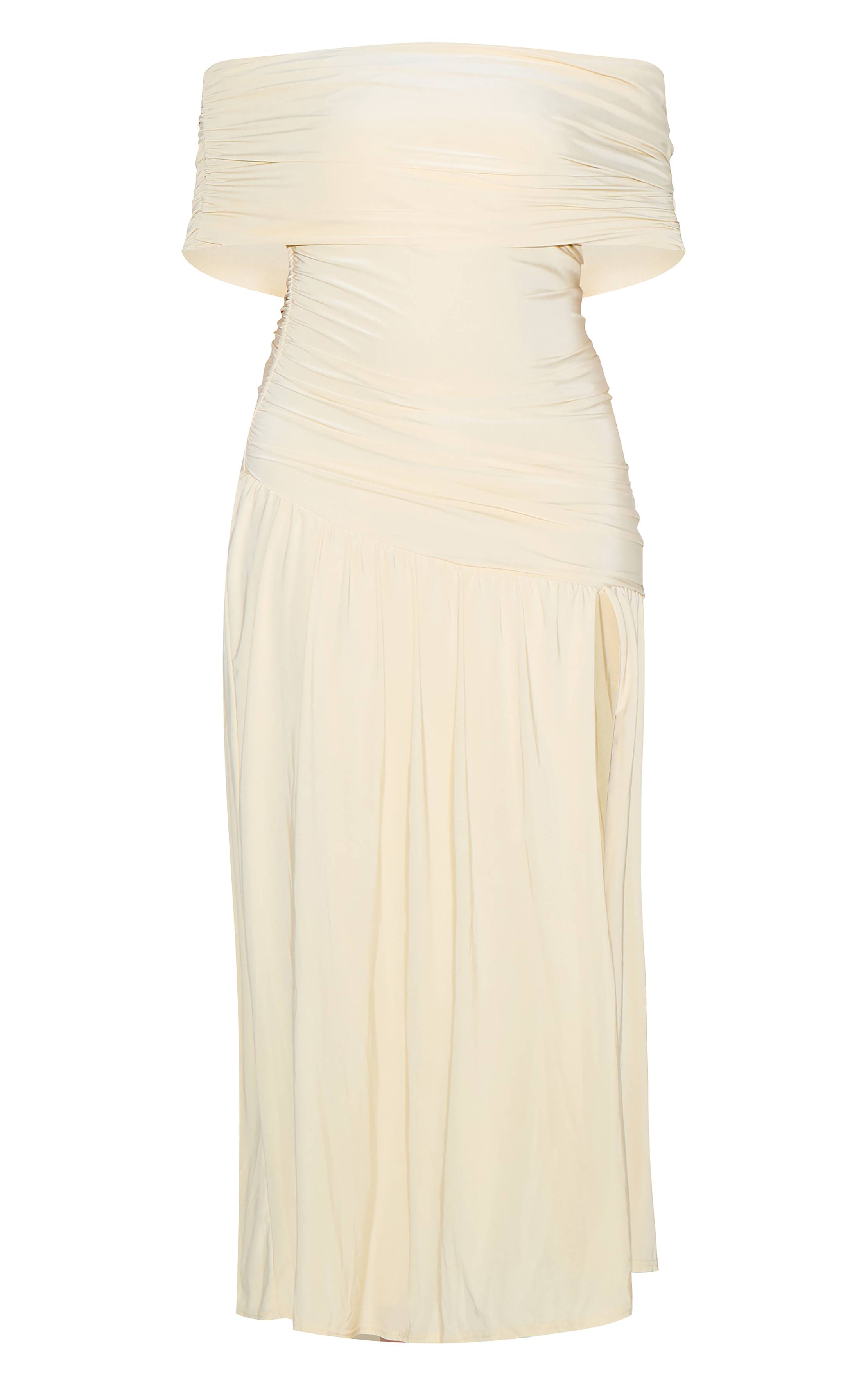 Crème Robe Longue Grande Taille À Double Couche Slinky Bardot Froncée