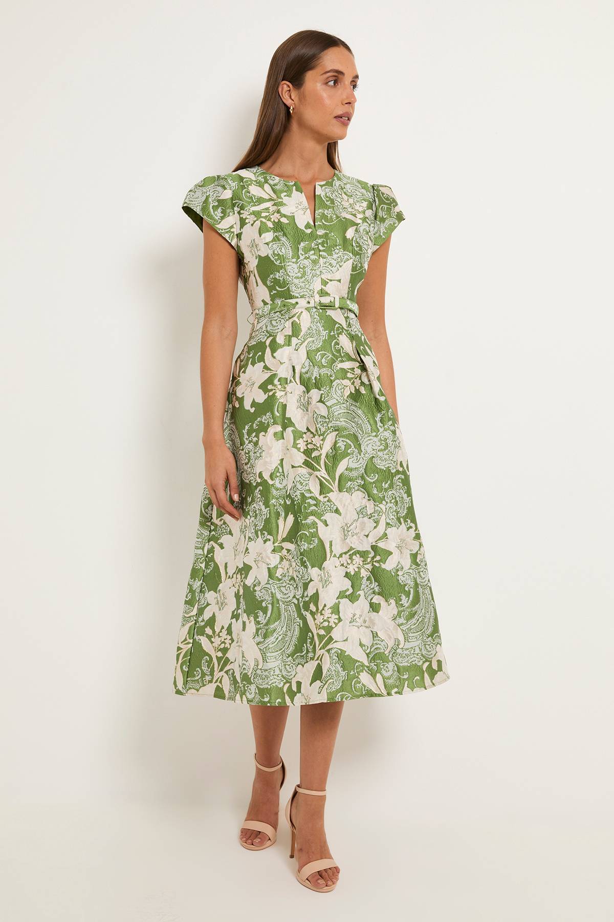 Wallis Robe Midi Ceinturée À Manches Courtes En Jacquard