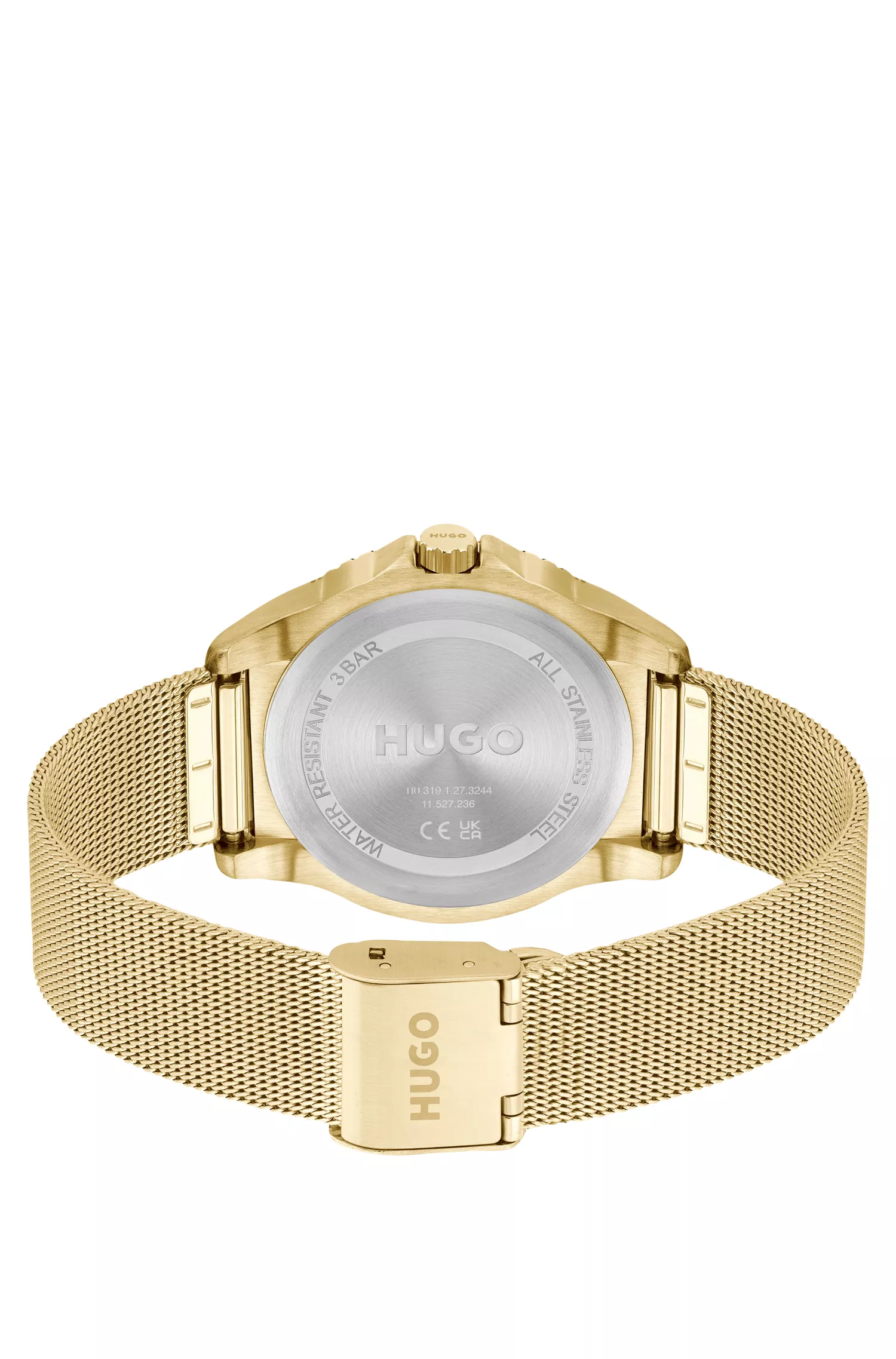 Relógio HUGO com pulseira de malha vermelha em aço dourado.
