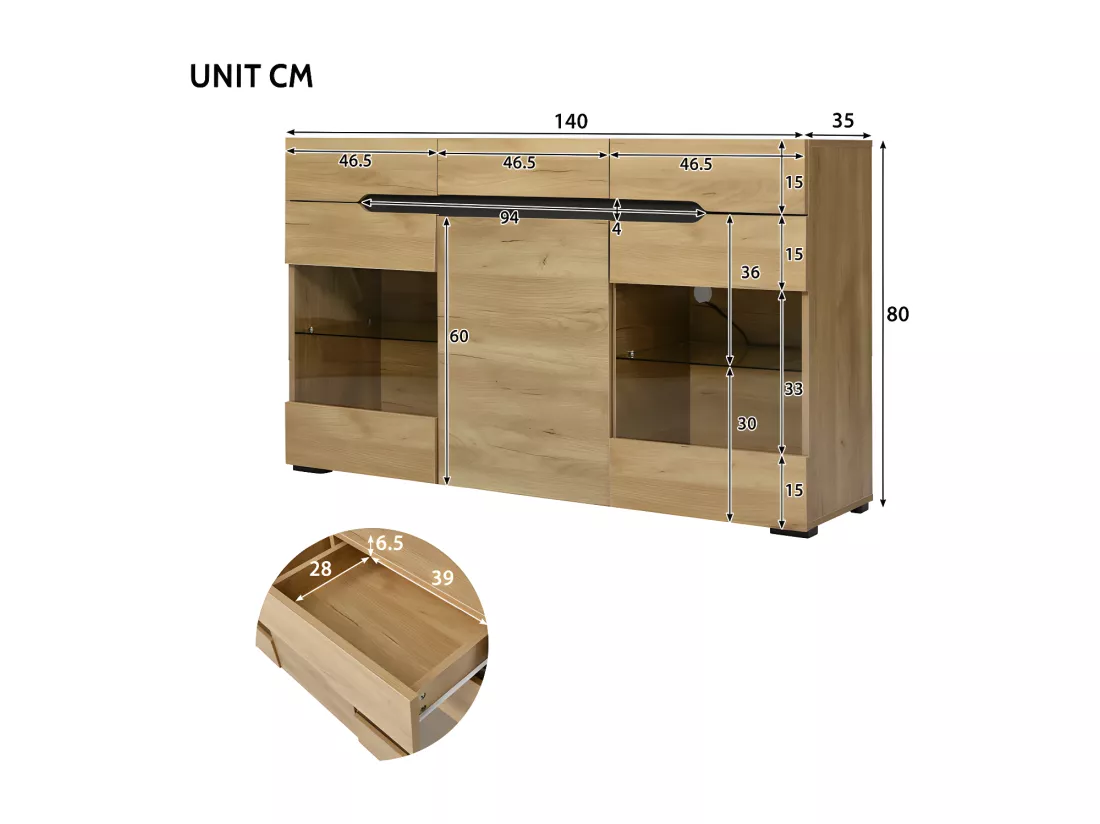 Buffet bas avec LED - 3 portes et 3 tiroirs - Naturel