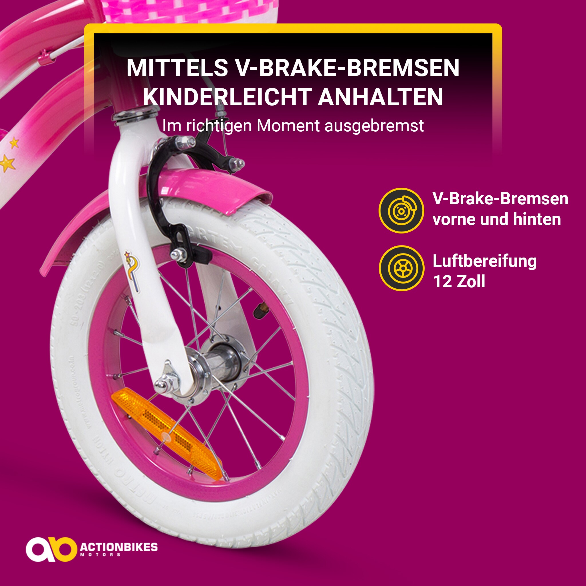 Actionbikes Kinderfahrrad Unicorn 12 Zoll, Pink, Einhorn-Design, Puppensitz, Stützräder, Fahrradkorb
