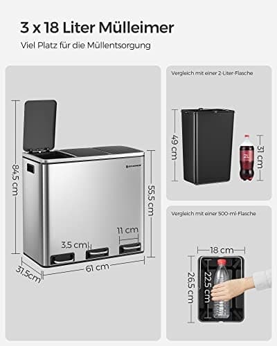 3-roms soft-close pedal resirkuleringsbeholder, 54L kapasitet