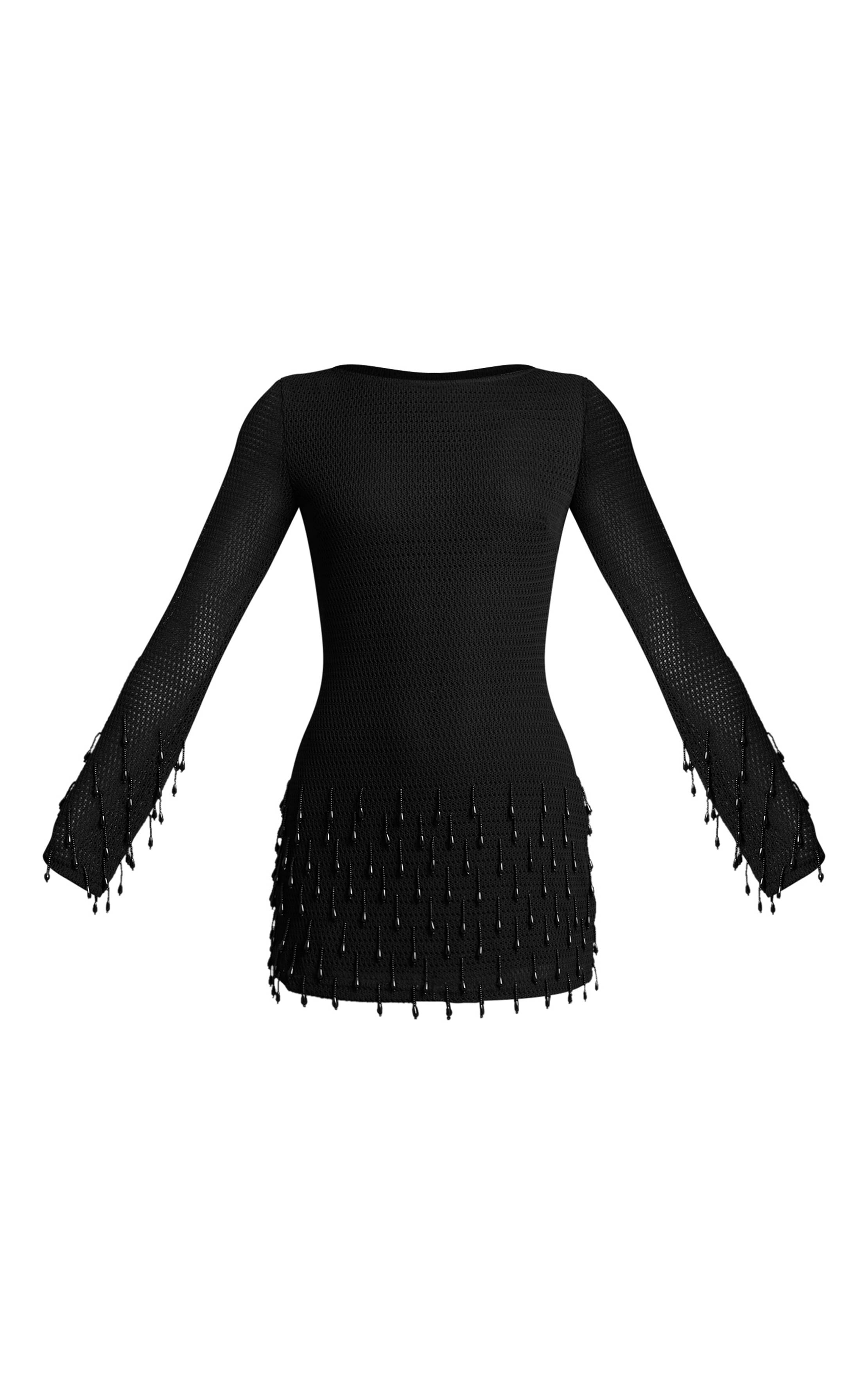 Noir Robe Courte Texturée À Manches Longues Et Détails De Perles