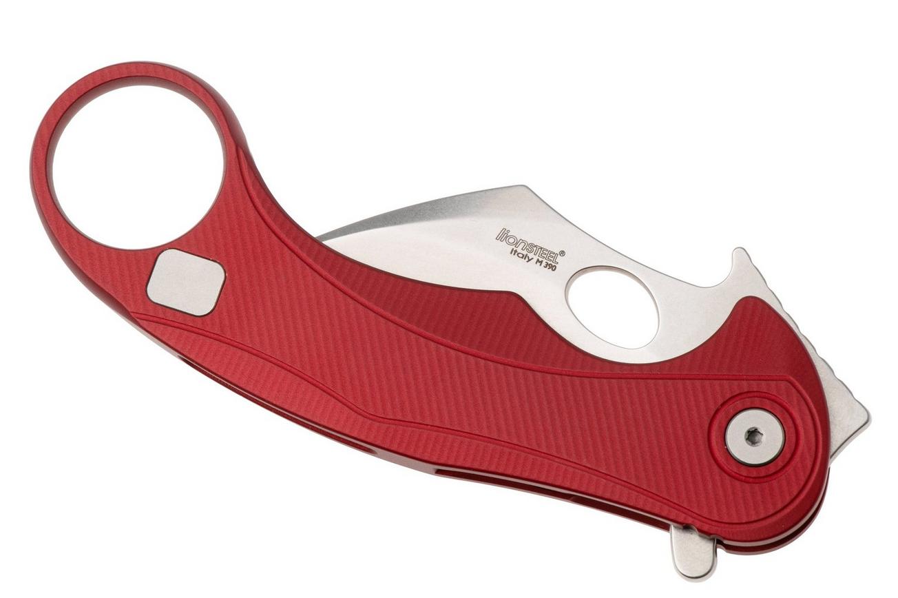 LionSteel L.E.One Mid LE2-RS, Stonewashed M390, Red Aluminum, karambit zakmes