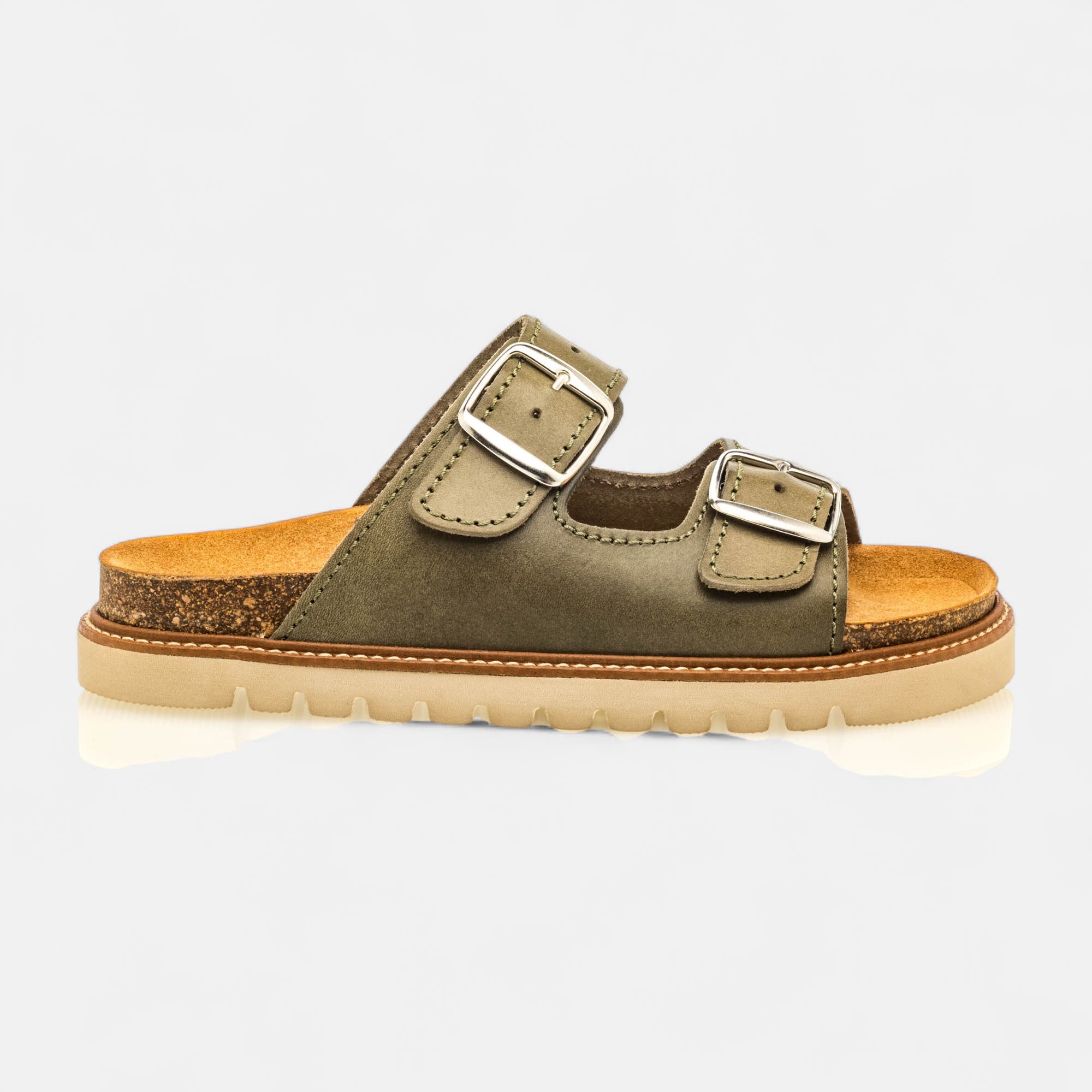 Mules semelle liège Femme en cuir kaki