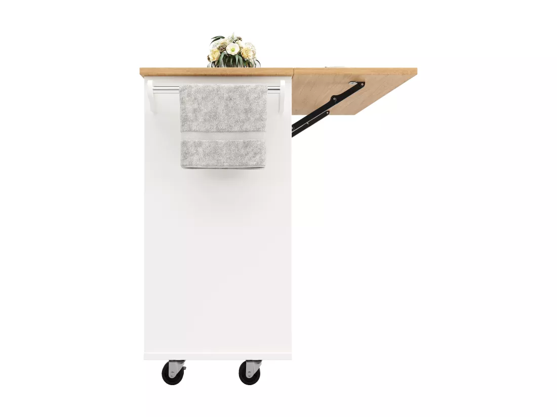 Ilot central de cuisine - chariot à roulette avec plateau extensible - 2 tiroirs et 1 portes - Blanc
