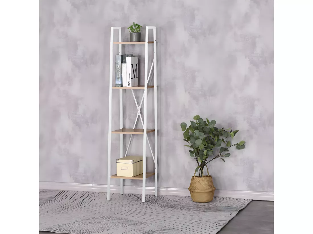 LIETA - Etagère Colonne à 4 Niveaux Bois et Métal Blanc