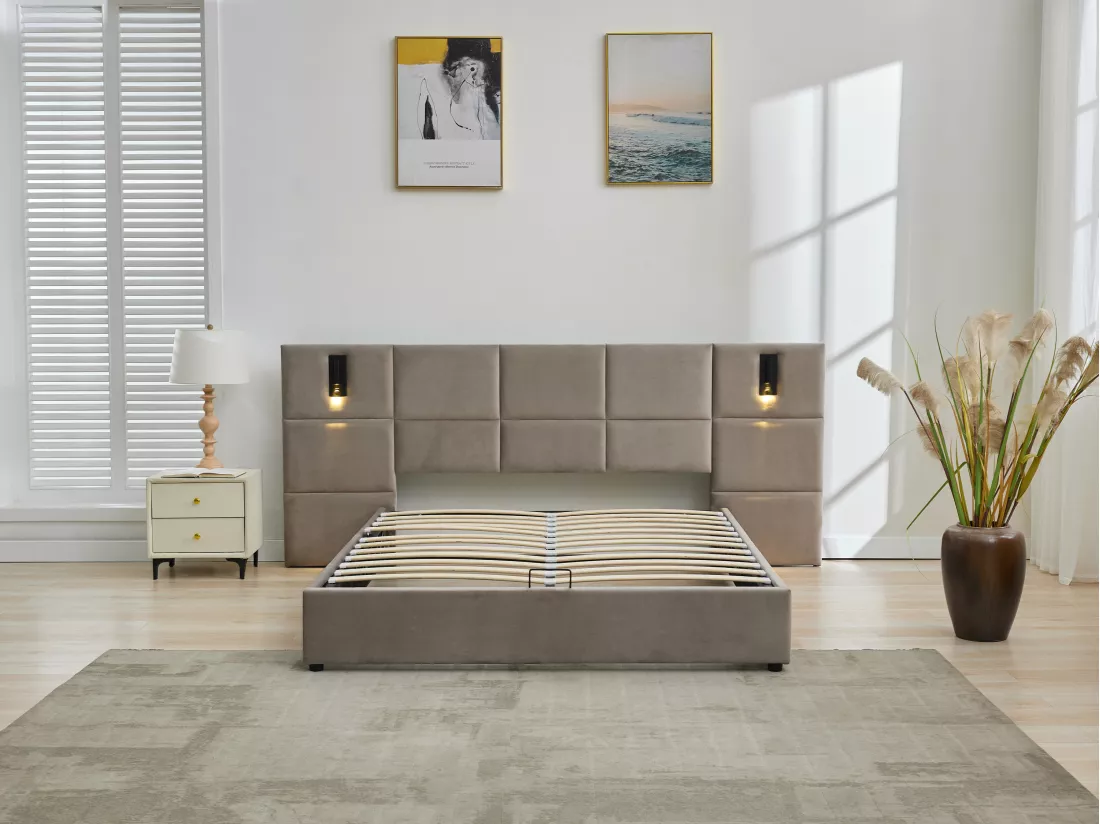 Lit coffre 160 x 200 cm avec tête de lit et lampe intégrée - Velours - Taupe + Matelas - SARETO