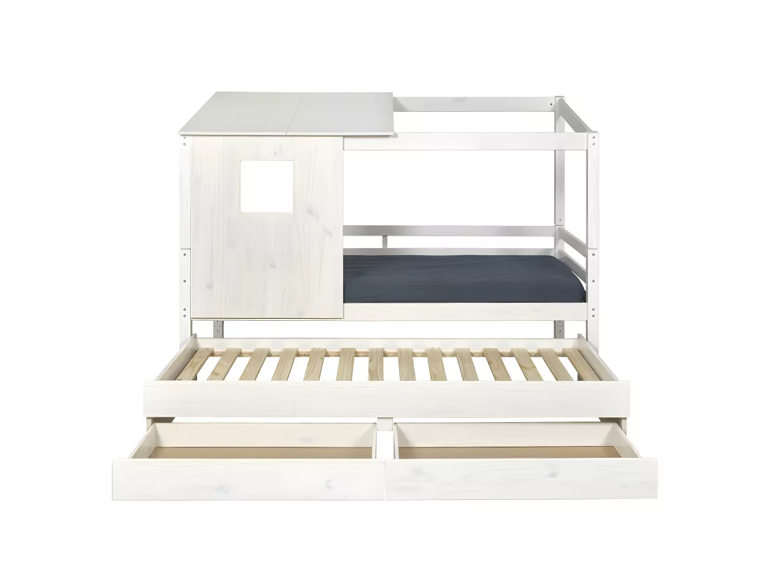 Pack lit cabane gigogne avec 2 matelas 90x200 cm bois massif blanc ALMA